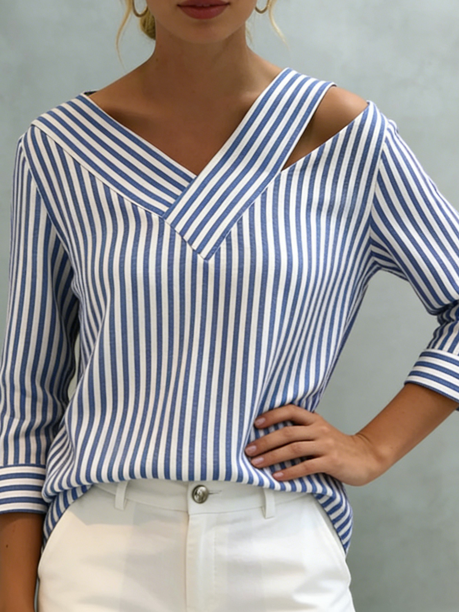 Stylish Off-shoulder Loose-fit Striped Cotton-linen Shirt