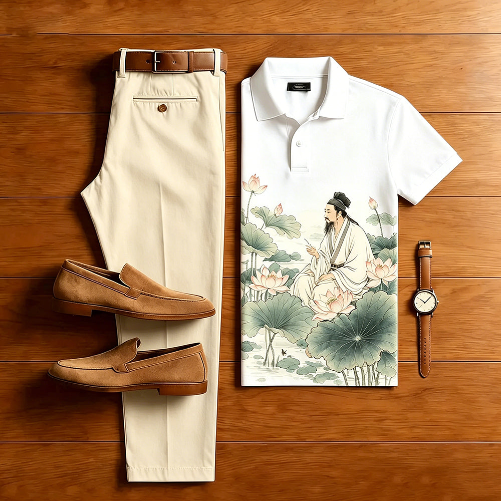 Men's Casual White Lotus Printed Short-Sleeve Polo Shirt And Trousers Two-Piece Set