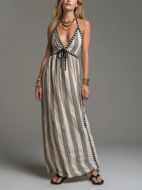 Bohemian Sleeveless Striped Linen And Cotton Dress