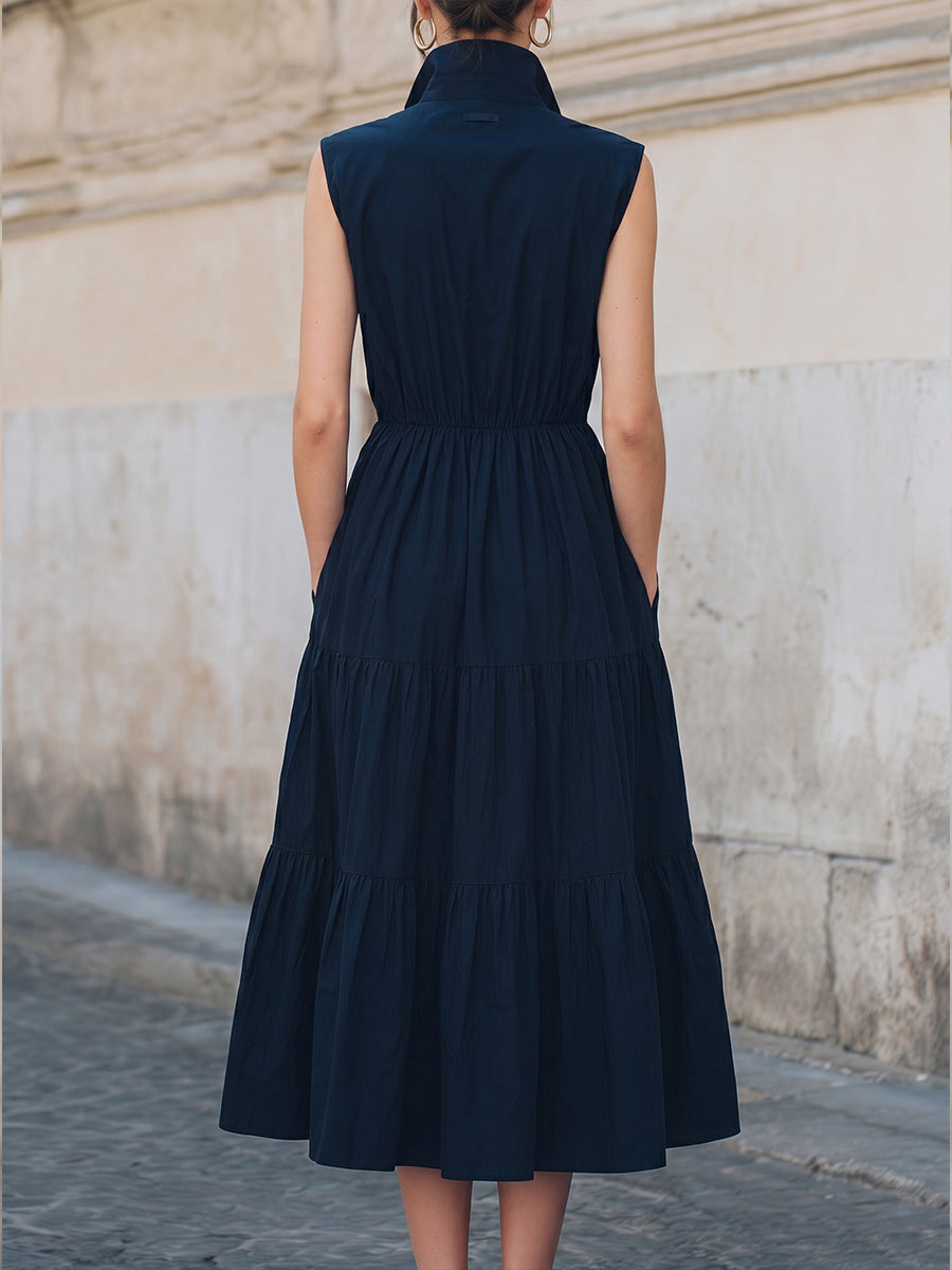 Sleeveless Button-Down Collar Tiered Midi Dress