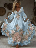 Women's Vintage Pink Floral Embroidery Art Comfy Linen Maxi Dress