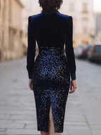 Midnight Velvet & Sequin Contrast Midi Dress