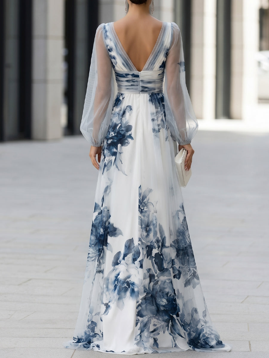 Front Slit Sheer Mesh Printed Maxi Dress