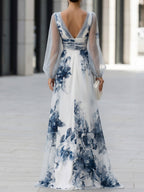 Front Slit Sheer Mesh Printed Maxi Dress