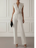 Women White Rhinestone V Neck Cap Sleeve Dressy Jumpsuit