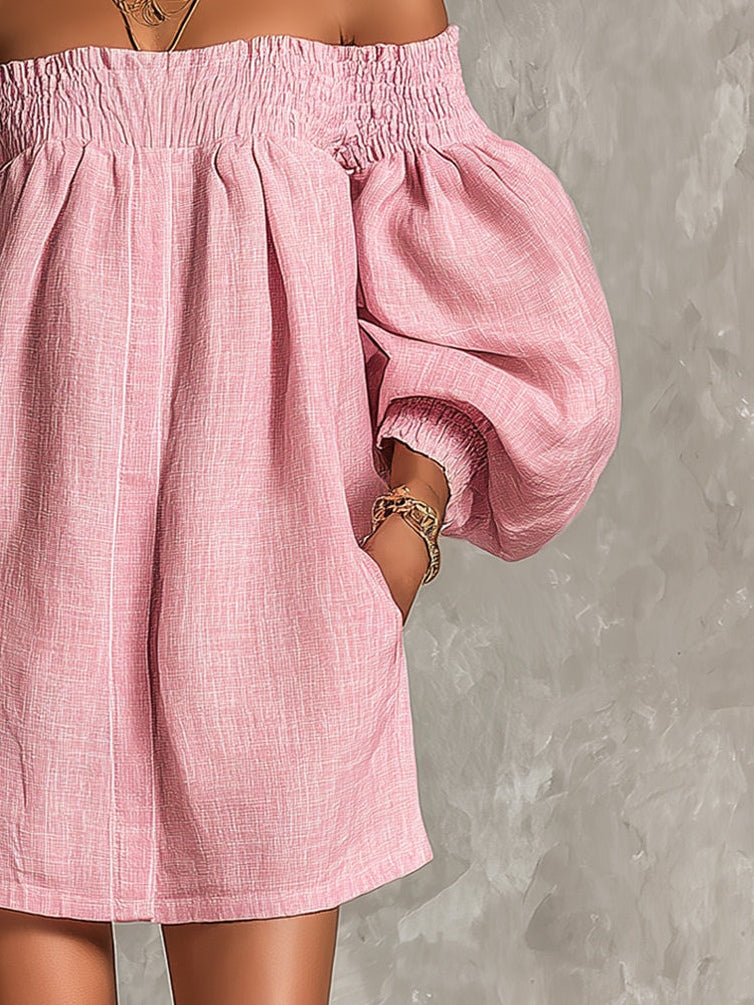 Pink Off-shoulder Lantern Sleeve A-line Loose Mini Dress