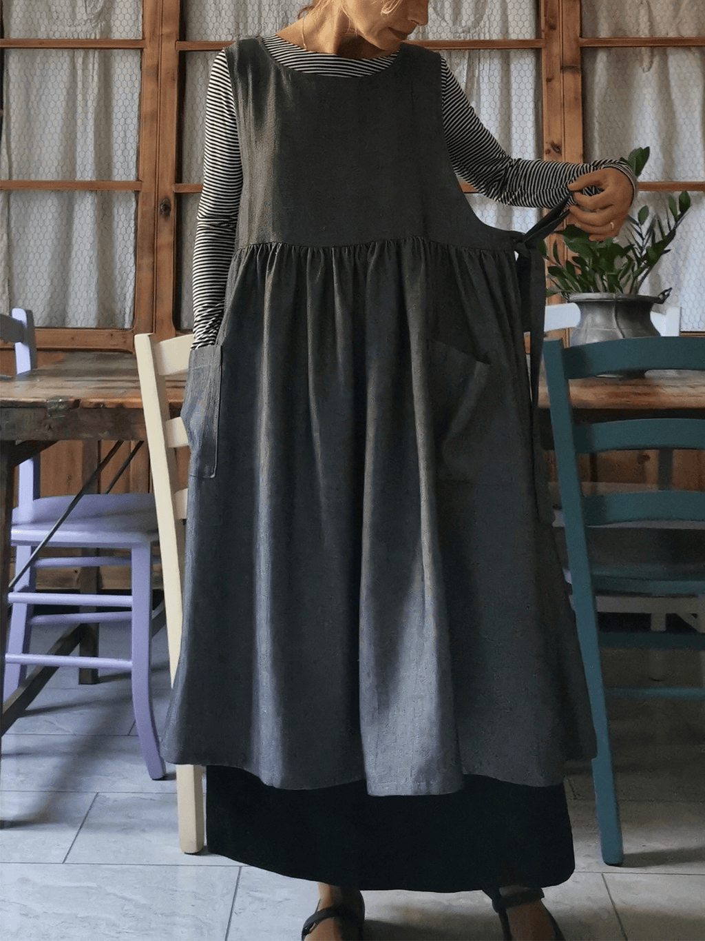 Grey Herringbone Linen Apron with Pockets