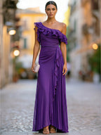 One-Shoulder Tiered Ruffle Chiffon Maxi Dress