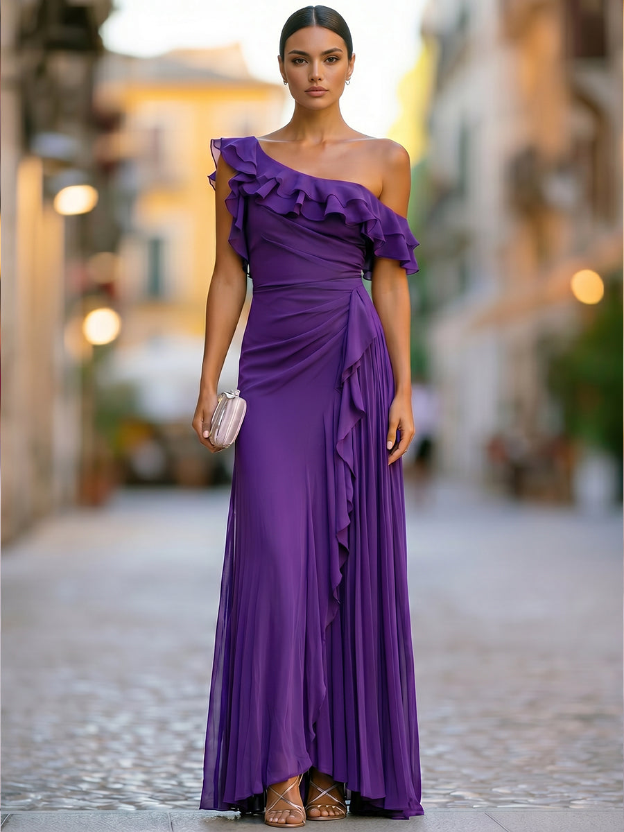 One-Shoulder Tiered Ruffle Chiffon Maxi Dress