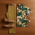 Men's Retro Dark Green Printed Short-Sleeve Shirt And Trousers Two-Piece Set