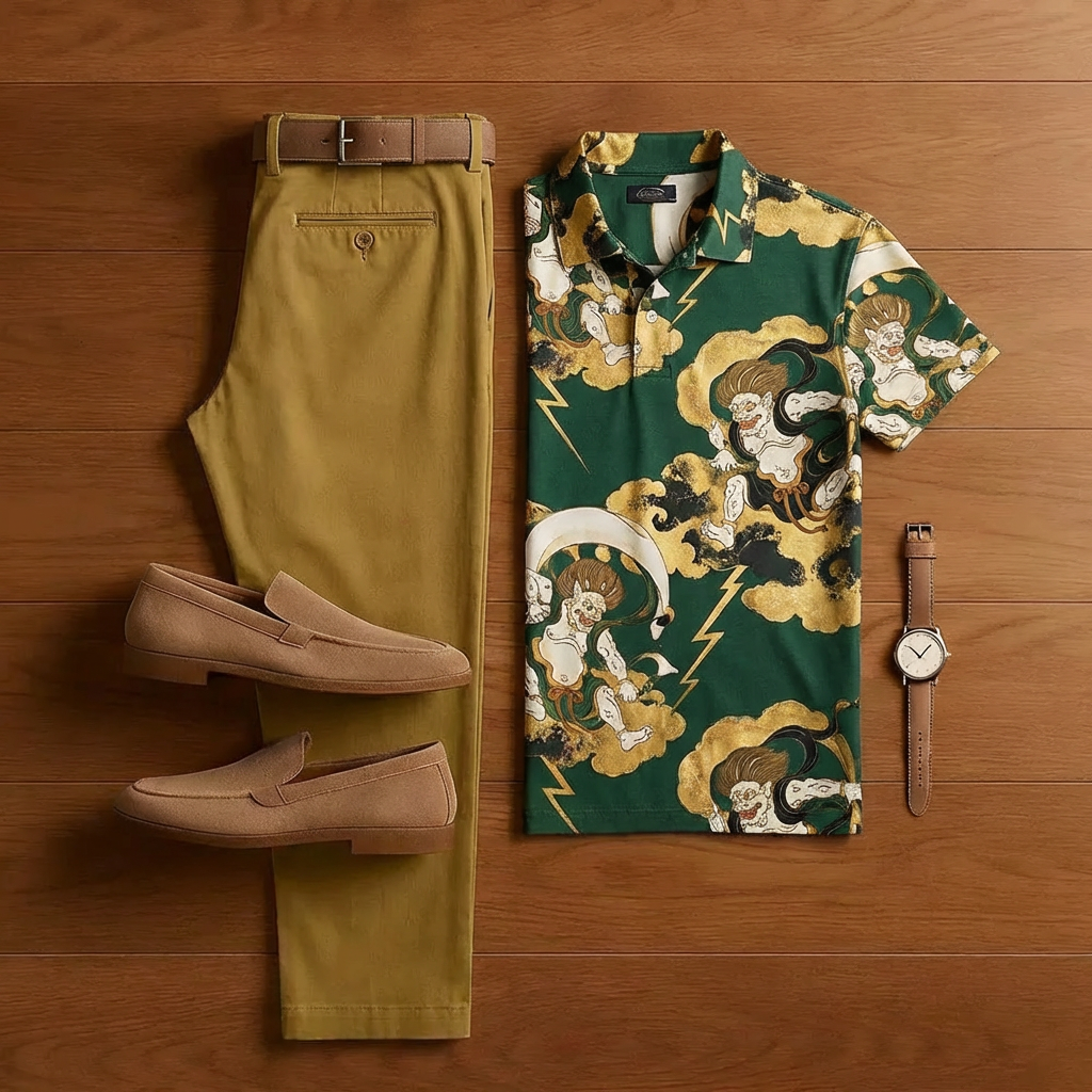 Men's Retro Dark Green Printed Short-Sleeve Shirt And Trousers Two-Piece Set