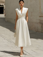 Elegant V-Neck Sleeveless Belted A-Line Midi Dress