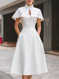 High Neck Cape Sleeve Keyhole A-Line Midi Dress