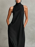 Minimalist Black Long-Sleeve Turtleneck Dress (with Side Pockets)
