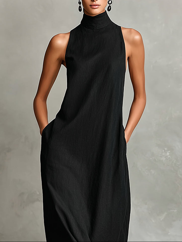 Minimalist Black Long-Sleeve Turtleneck Dress (with Side Pockets)