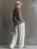 Simple Urban Gray Mesh Knit T-shirt And White Cotton Linen Wide-leg Pants Set