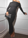 One-shoulder sexy ruched slim-fit long-sleeved bodycon dress