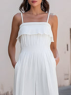 Pleated Wide-Leg Camisole Jumpsuit With Decorative Chest Trim