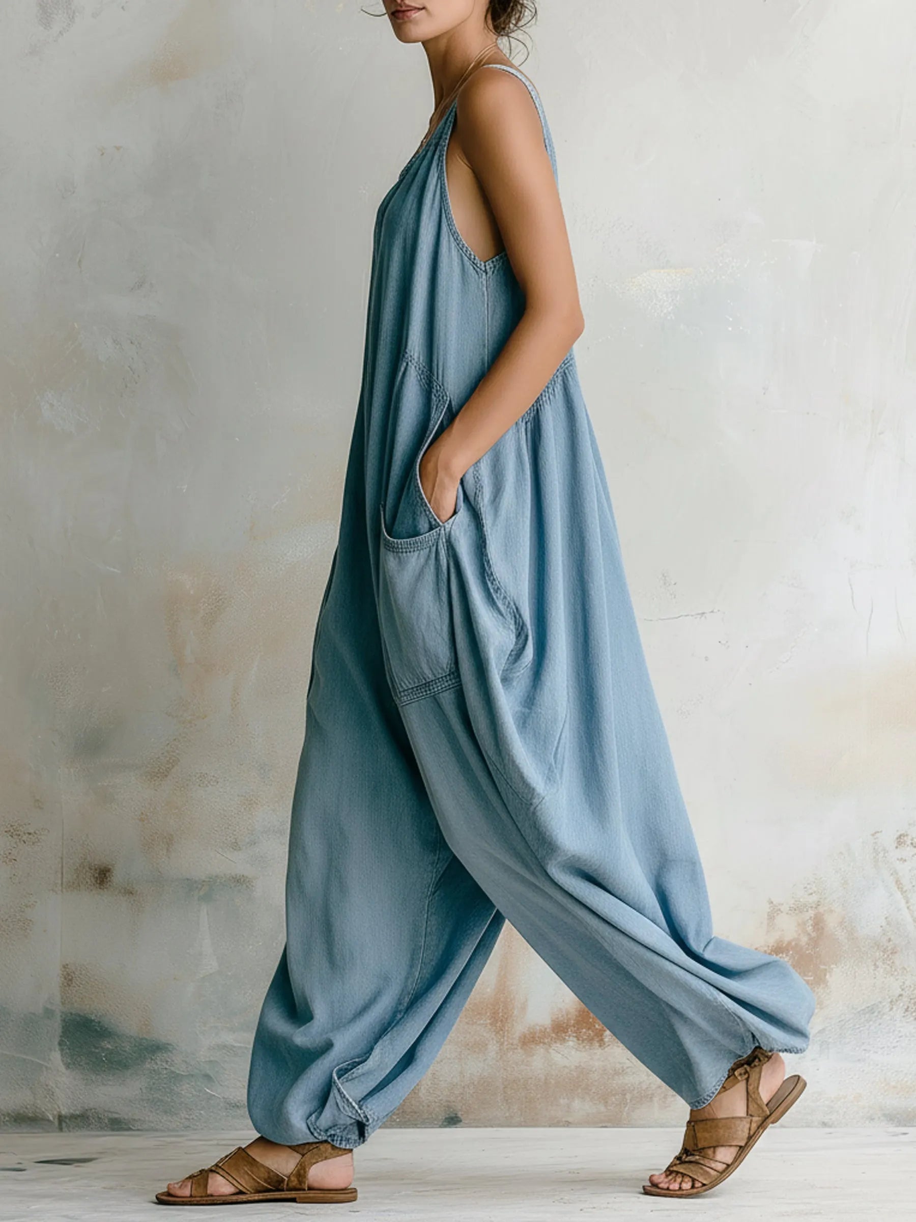 Vintage Washed Denim Sleeveless Jumpsuit