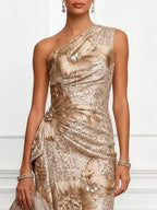 Champagne 3D Floral Sequin One Shoulder Sleeveless Mermaid Floor-length Gown Dress