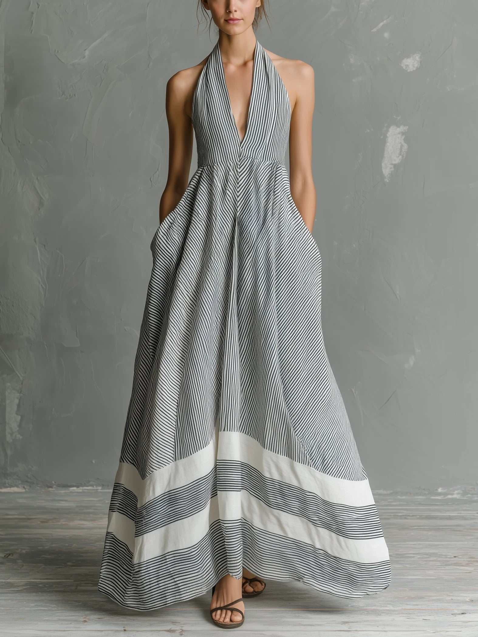 Stylish Casual Striped Linen And Cotton Sleeveless Dress
