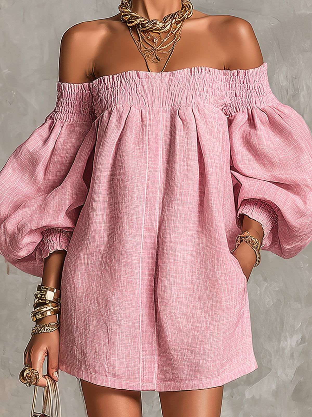 Pink Off-shoulder Lantern Sleeve A-line Loose Mini Dress
