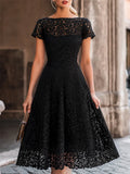 Elegant Floral Lace Boat Neck A-Line Midi Dress