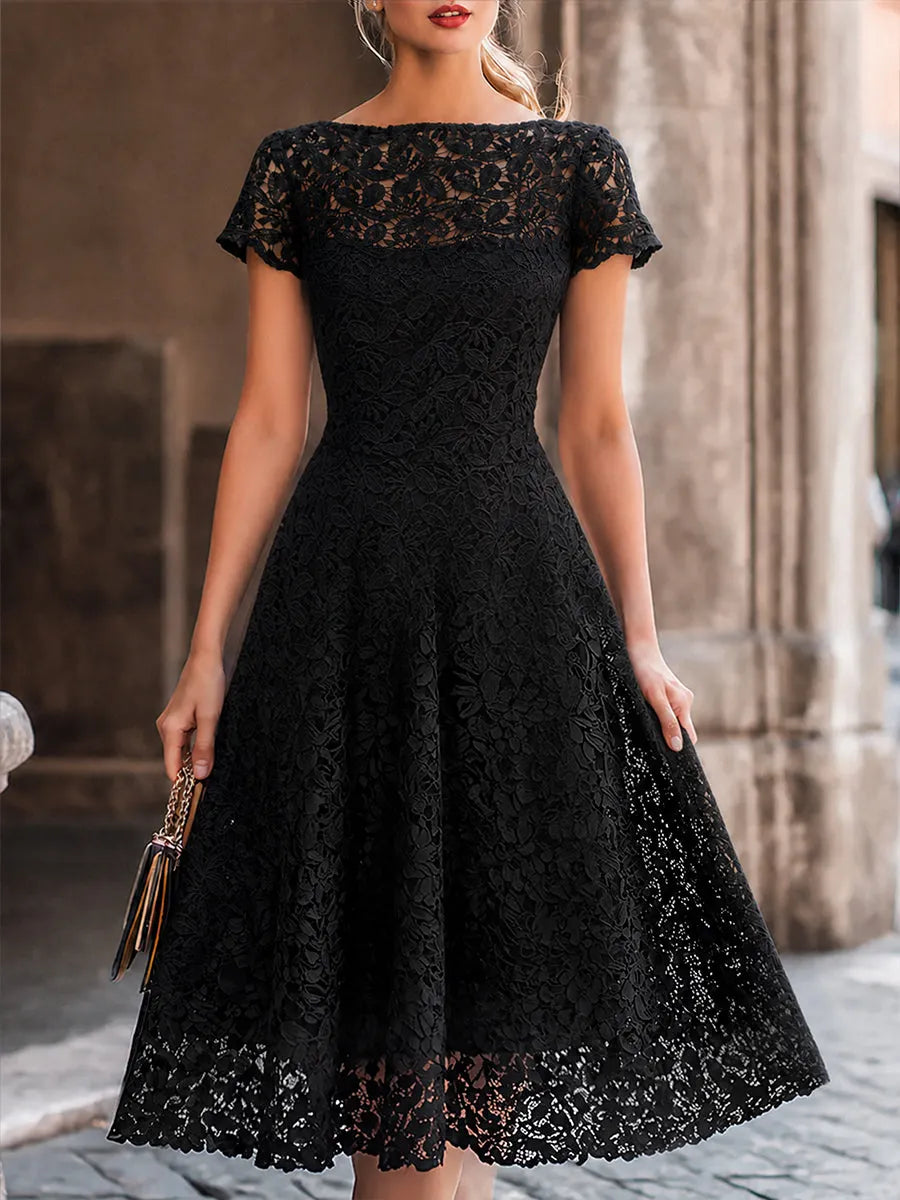 Elegant Floral Lace Boat Neck A-Line Midi Dress