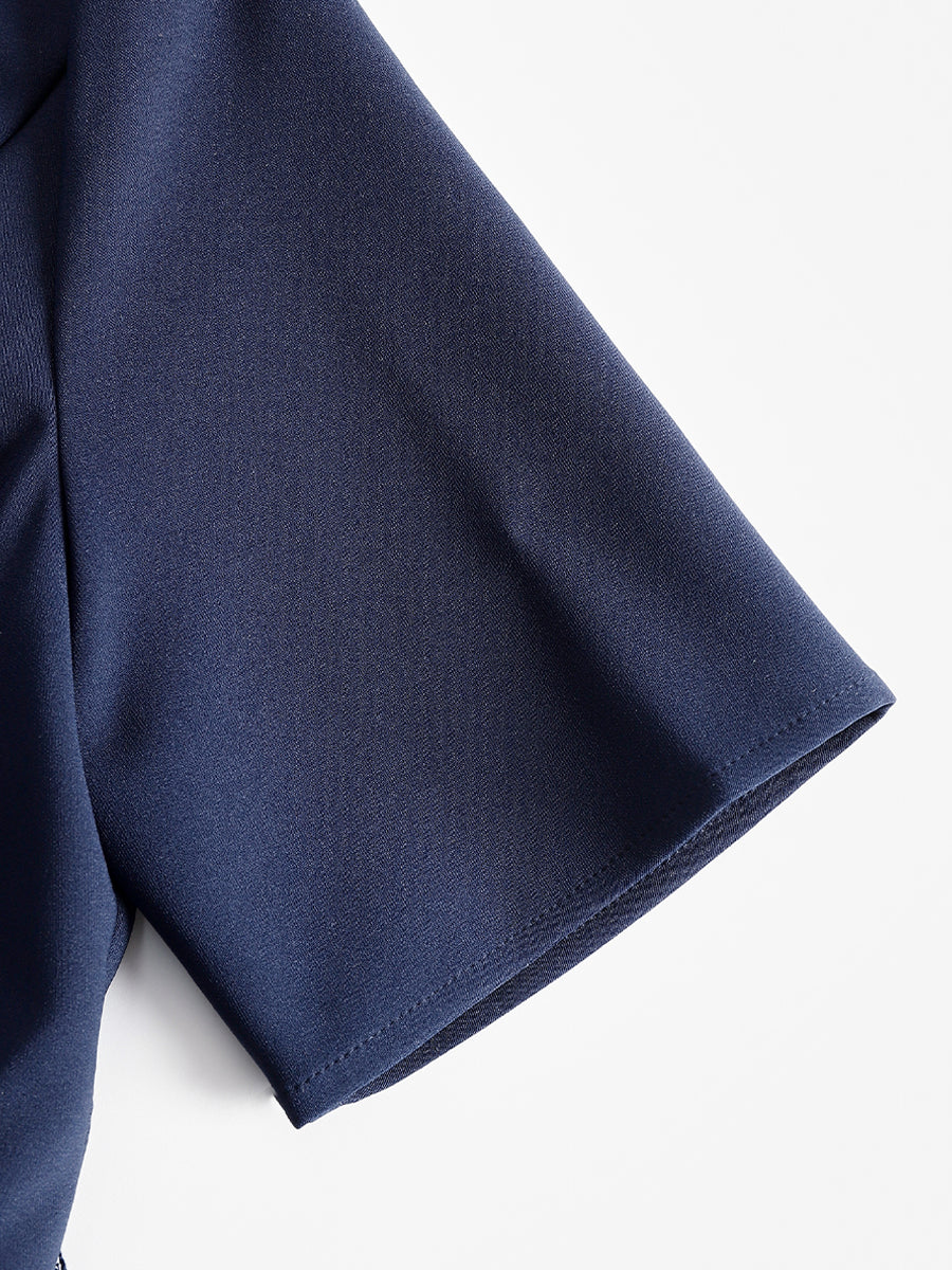 Navy Collared Zip-Front Pleated Mini Dress