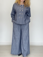 Elegant Button-up Shirt And Wide-leg Trousers Linen Set