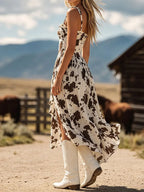 Western Cow Print  Sleeveless Ruffled Midi Dress