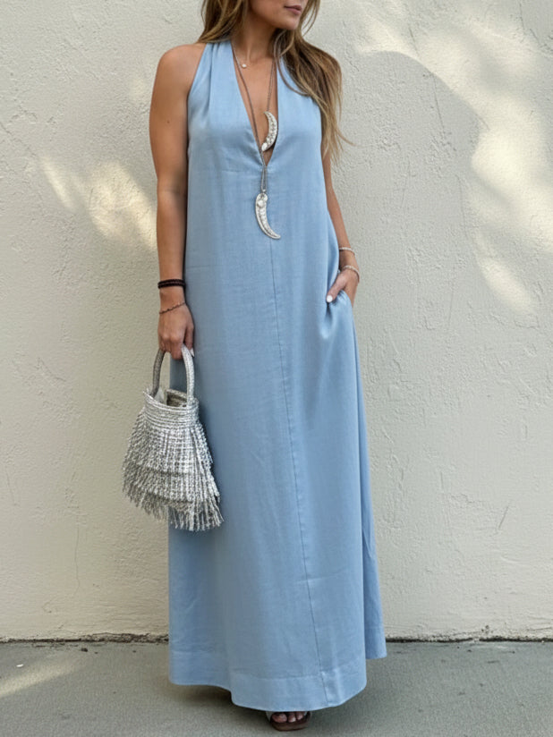 Stylish Elegant Minimalist Halter Neck Linen Maxi Dress