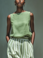 Elegant Boat-neck Shirt And Striped Wide-leg Pants Cotton-linen Set
