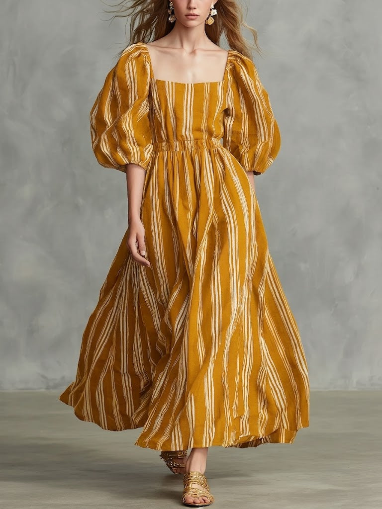 Casual Square-neck, Lantern-sleeve Linen And Cotton Dress With Artistic Stripes