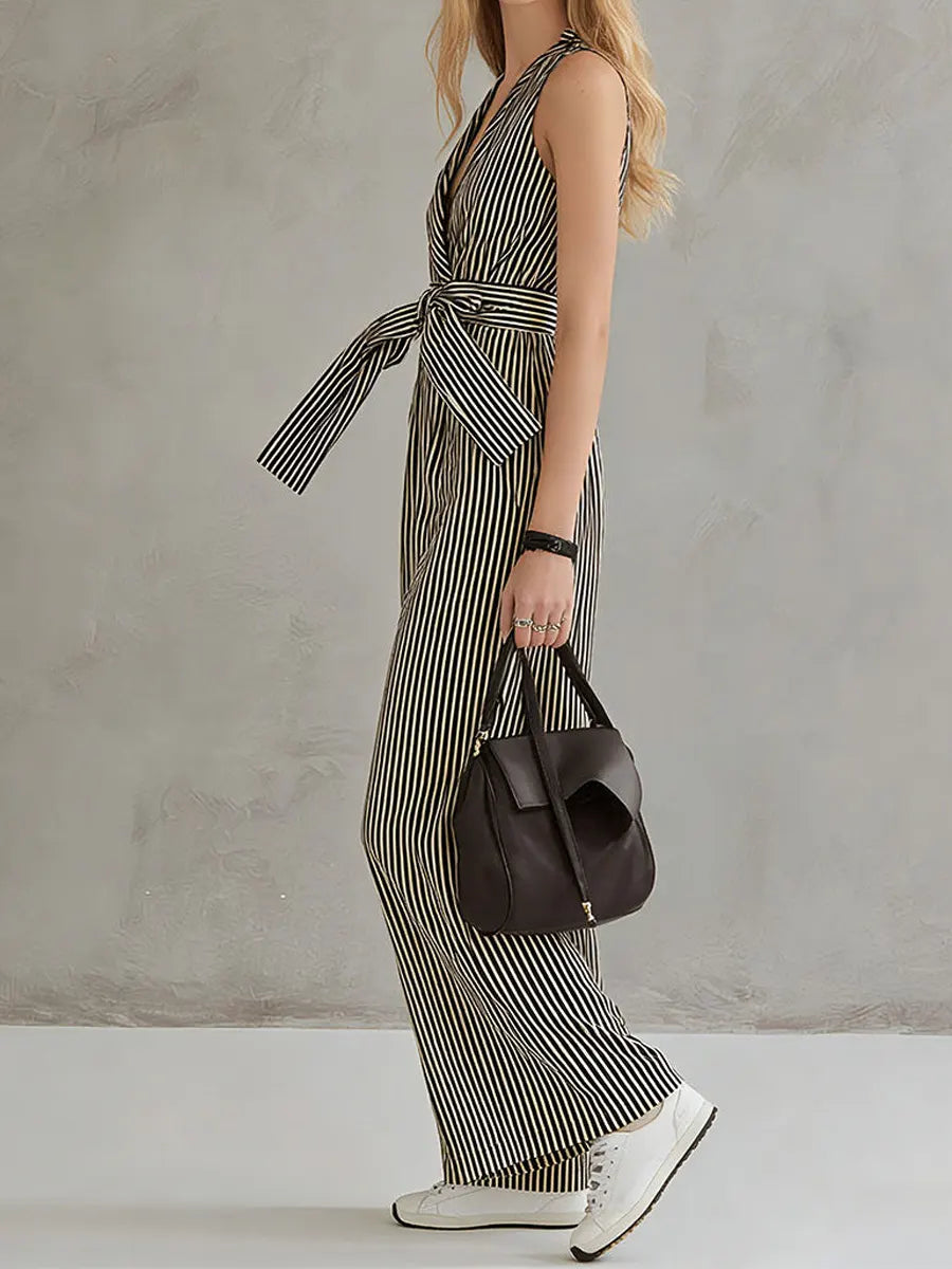 Women's Retro Striped Art Casual Stylish Cotton Linen Jumpsuit