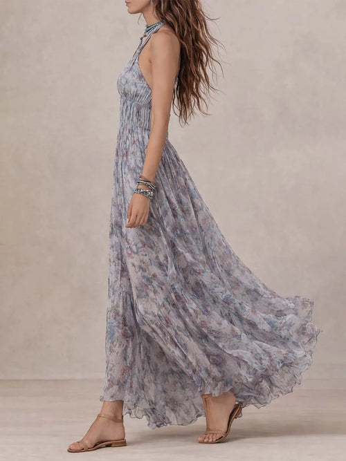 Bohemian Halter Smocked Floral Tiered Maxi Dress