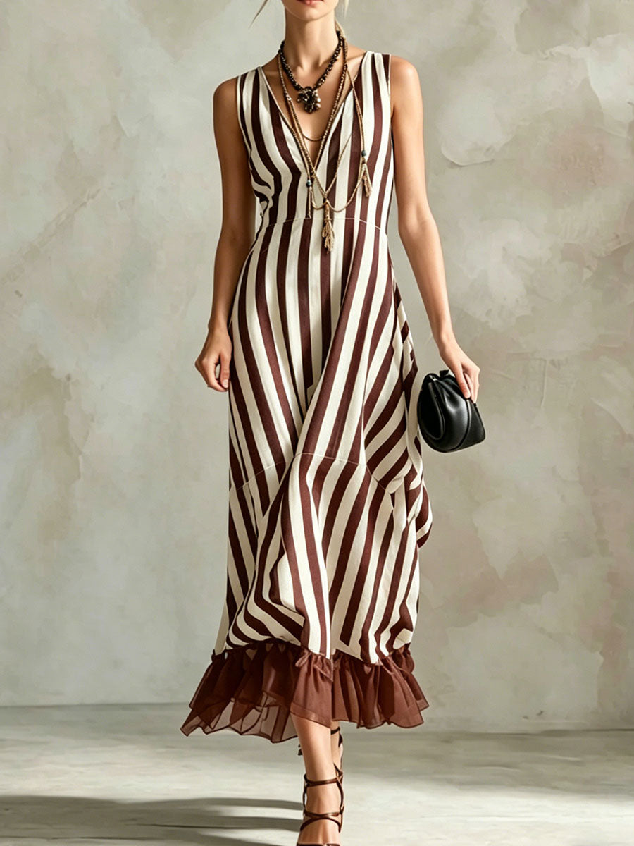 Women's V-neck Striped Mesh-paneled Tank Dress