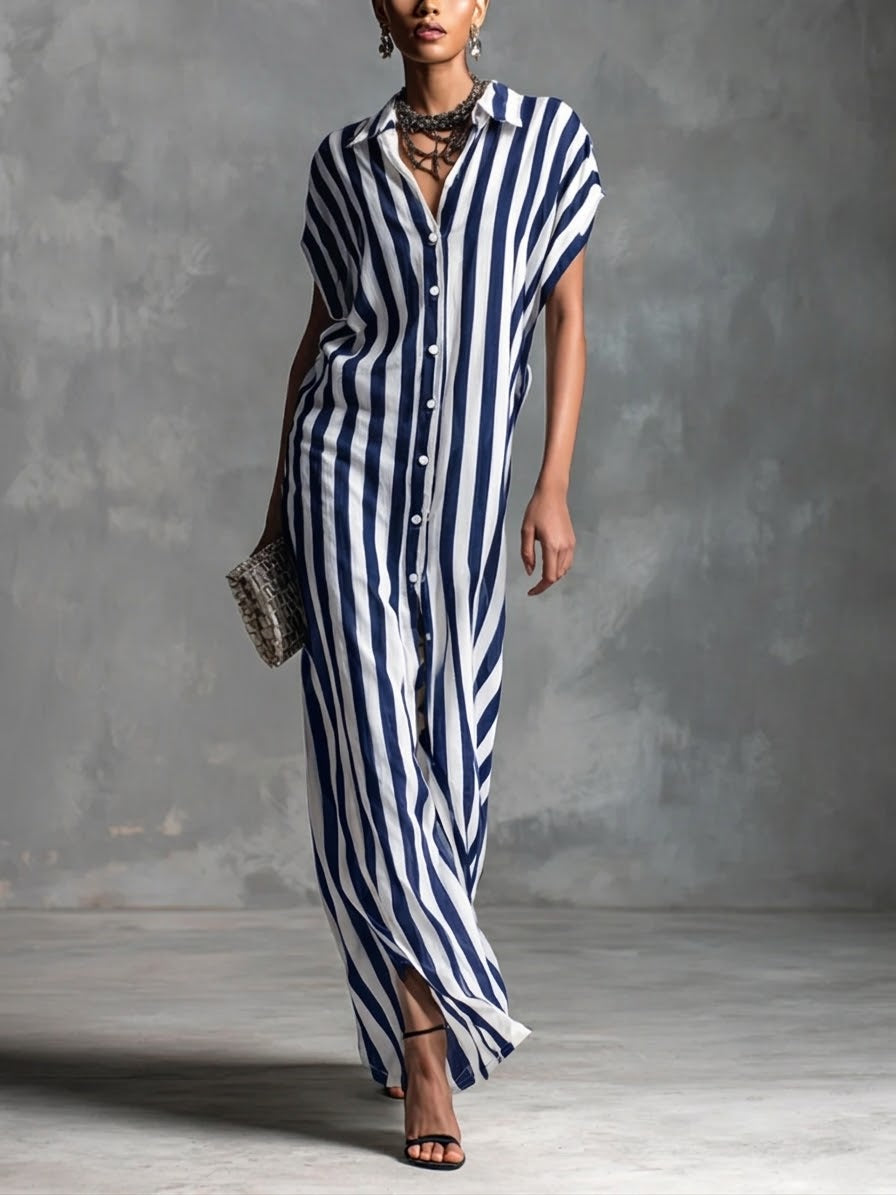 Casual Striped Linen And Cotton Shirt Dress