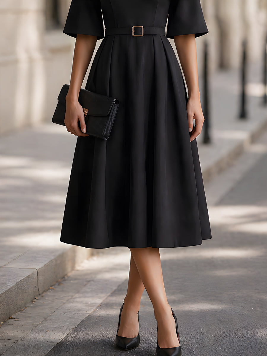 Off-Shoulder Belted Ruffle Sleeve A-Line Midi Dress