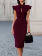 Burgundy Ruffle Shoulder Bow Tie Neck Bodycon Midi Dress
