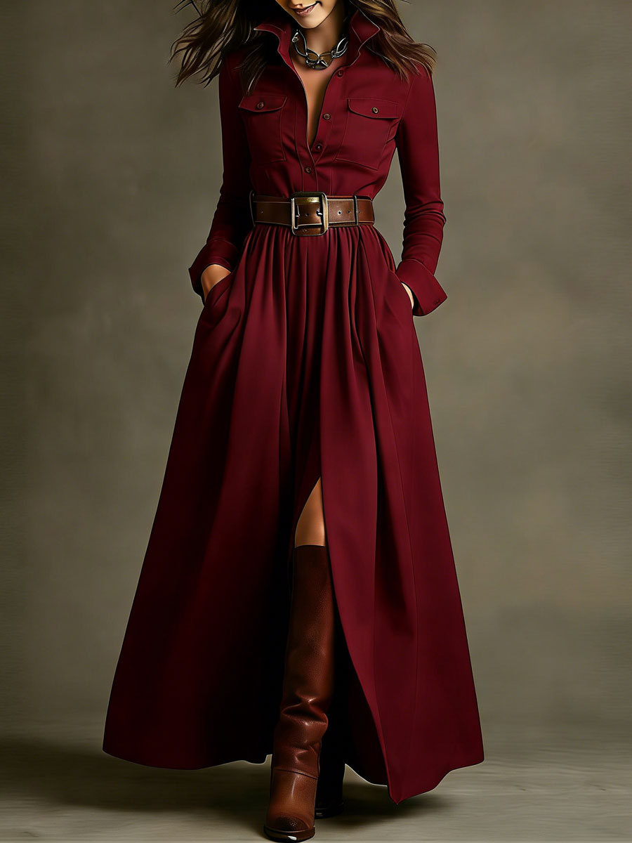 Women's Retro Solid Color Long-sleeved Dress