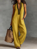 Women's V-neck Sleeveless Casual Loose Cotton And Linen Jumpsuit