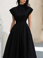 High Neck Smocked Waist Midi Dress