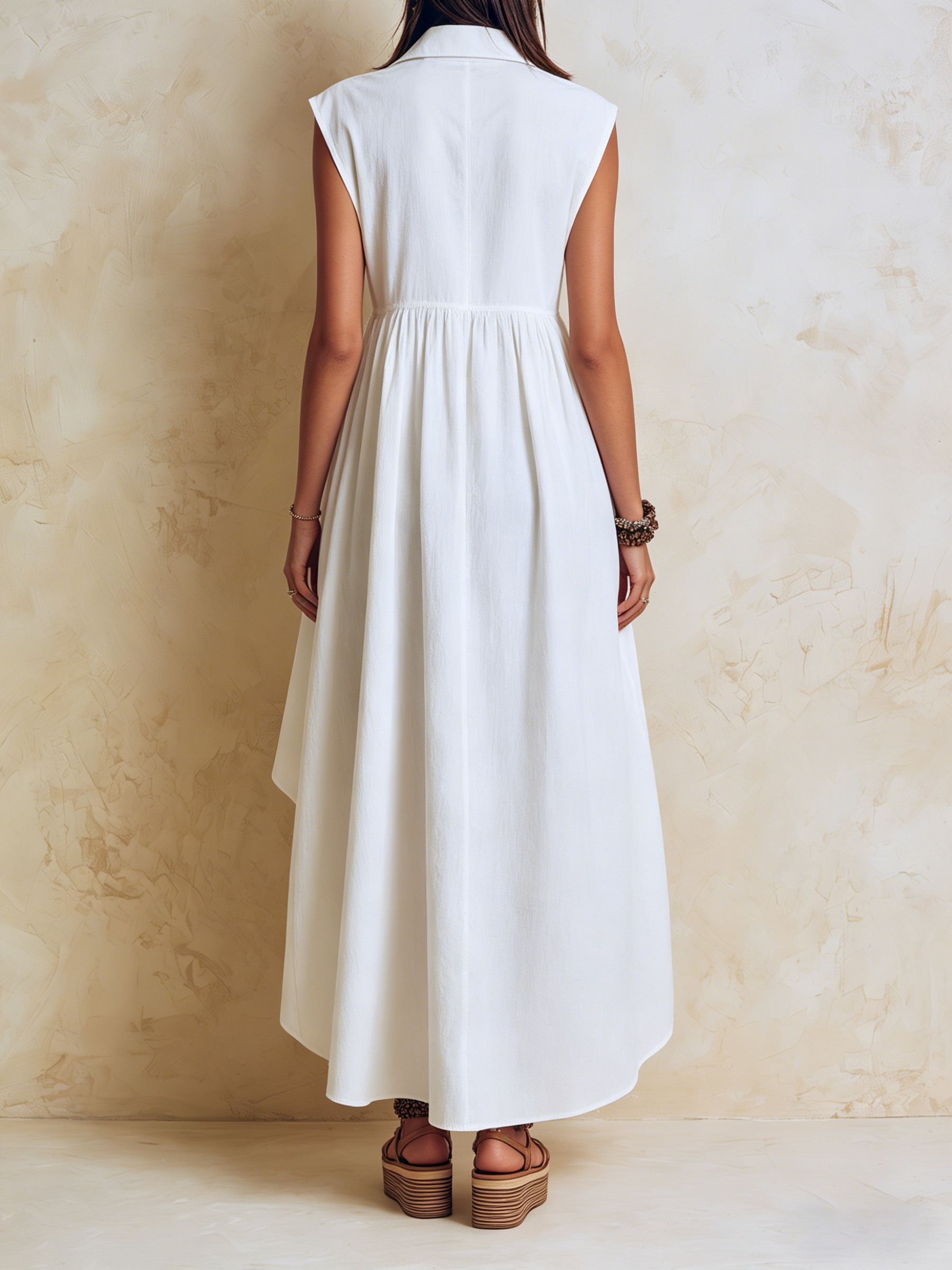 White Linen-Blend Sleeveless High-Low Shirt Dress with Pockets