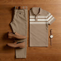 Men's Casual Khaki Color Matching Striped Printed Short Sleeved Polo Shirt & Trousers Two-Piece Set