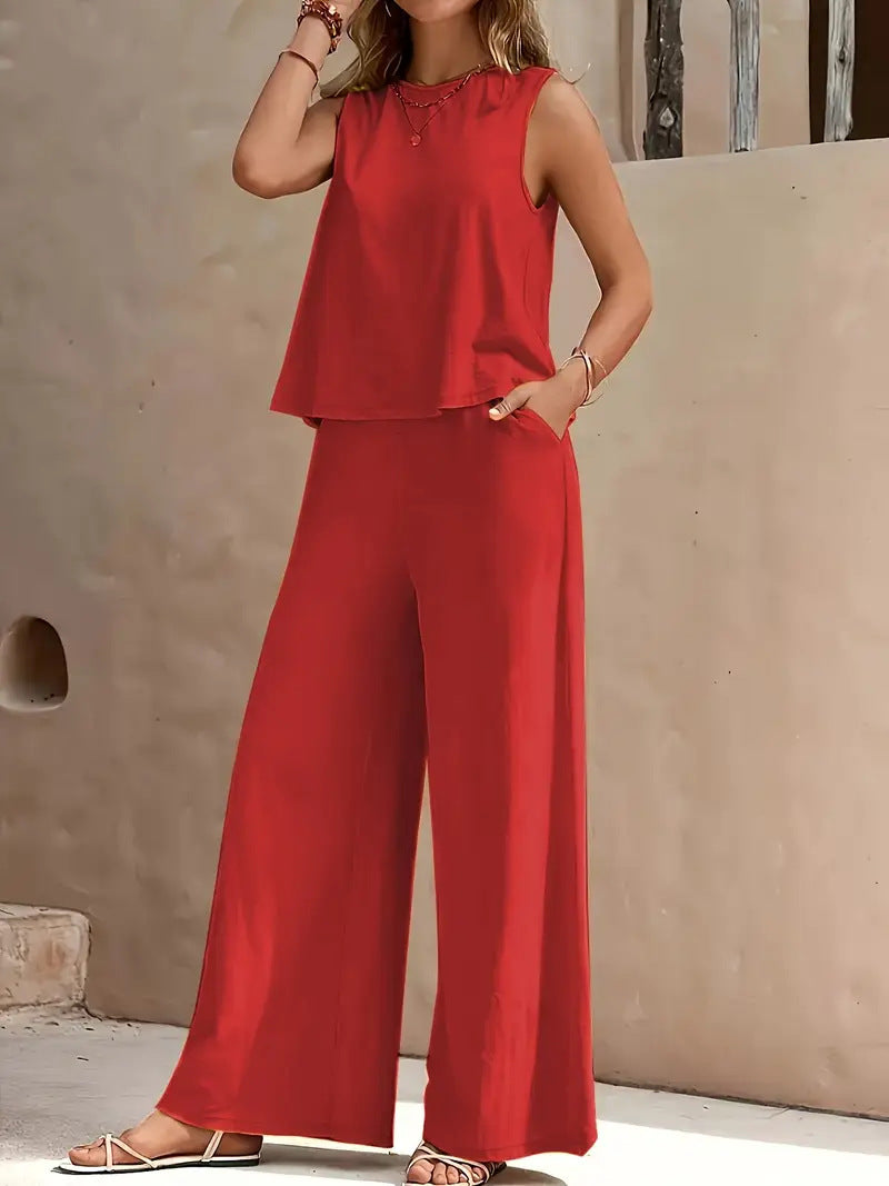Women's Casual Crew Neck Top And Wide-leg Pants Set