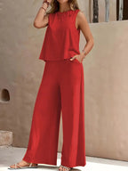 Women's Casual Crew Neck Top And Wide-leg Pants Set