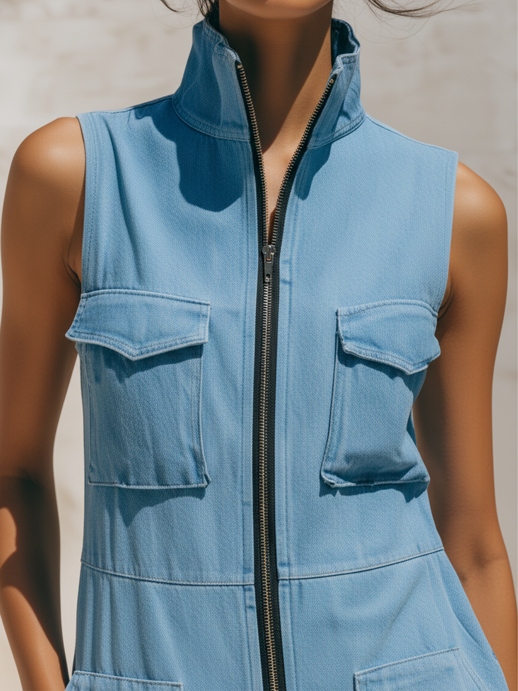 Light Blue Tencel Denim Sleeveless Cargo Maxi Dress With Front Zip