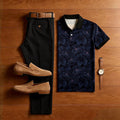Men's Casual Midnight Floral Print Polo Shirt and Trousers Two-Piece Set