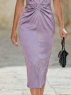 Elegant Satin V-Neck Twist Waist Ruffle Sleeve Bodycon Midi Dress